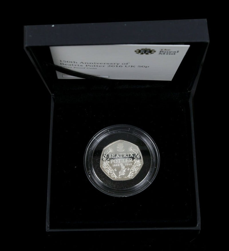 ROYAL MINT -150TH ANNIVERSARY OF BEATRIX POTTER- 2016 SILVER PROOF 50p COIN, BOX