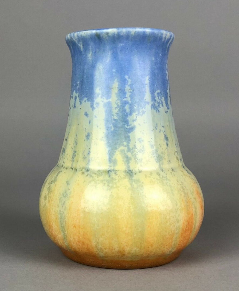 RUSKIN POTTERY - YELLOW/BLUE TONED CRYSTALLINE GLAZED GOURD BALUSTER VASE 1932