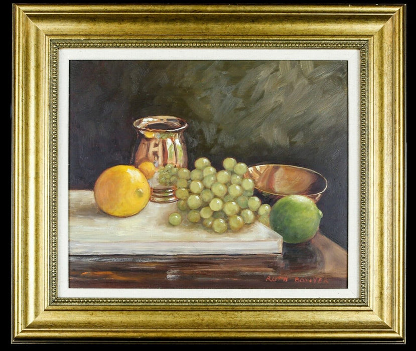 RUTH BOWYER (BRITISH, b.1948), FRUIT ON A TABLE, STILL LIFE STUDY, OIL ON BOARD, SIGNED