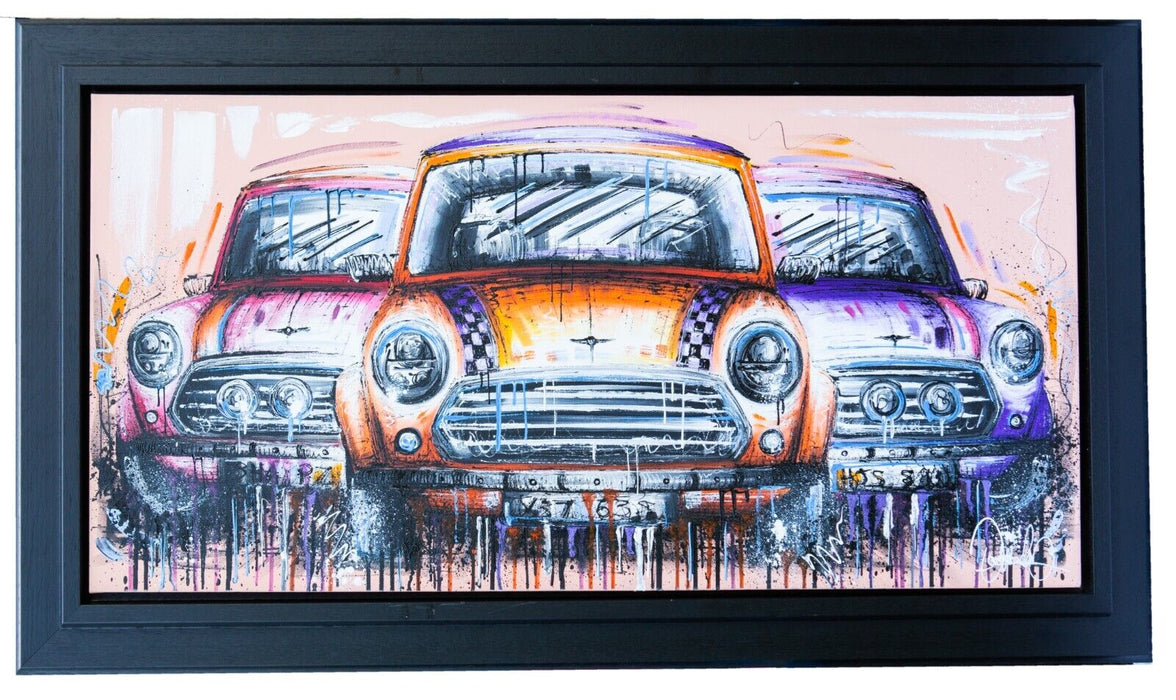 SAMANTHA ELLIS (BRITISH, C20th) -THREE'S A CROWD- CLASSIC MINIS, CANVAS PAINTING, SIGNED