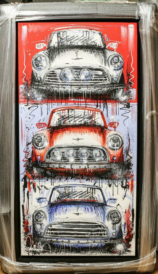 SAMANTHA ELLIS (BRITISH, b.1992) -THIRD WHEEL- ITALIAN JOB MINIS, LARGE CANVAS PAINTING