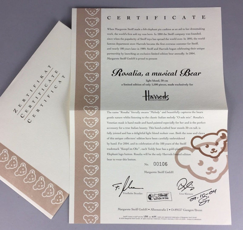 SIGNED STEIFF 'ROSALIA, MUSICAL BEAR' LIMITED EDITION JOINTED MOHAIR TEDDY 661655, BOXED