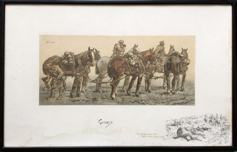 SNAFFLES, CHARLES JOHNSON PAYNE 'GUNNERS' LARGE HAND COLOURED MILITARY PRINT