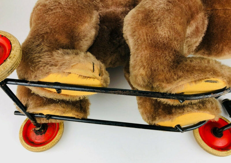 STEIFF - BEAR ON WHEELS, LARGE VINTAGE BROWN BEIGE MOHAIR GRIZZLY RIDE ON TEDDY