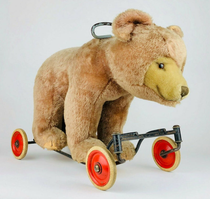 STEIFF - BEAR ON WHEELS, LARGE VINTAGE BROWN BEIGE MOHAIR GRIZZLY RIDE ON TEDDY