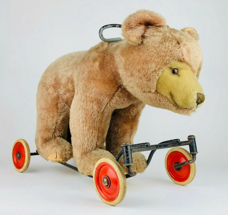 STEIFF -BEAR ON WHEELS- LARGE VINTAGE BROWN BEIGE MOHAIR GRIZZLY RIDE ON TEDDY