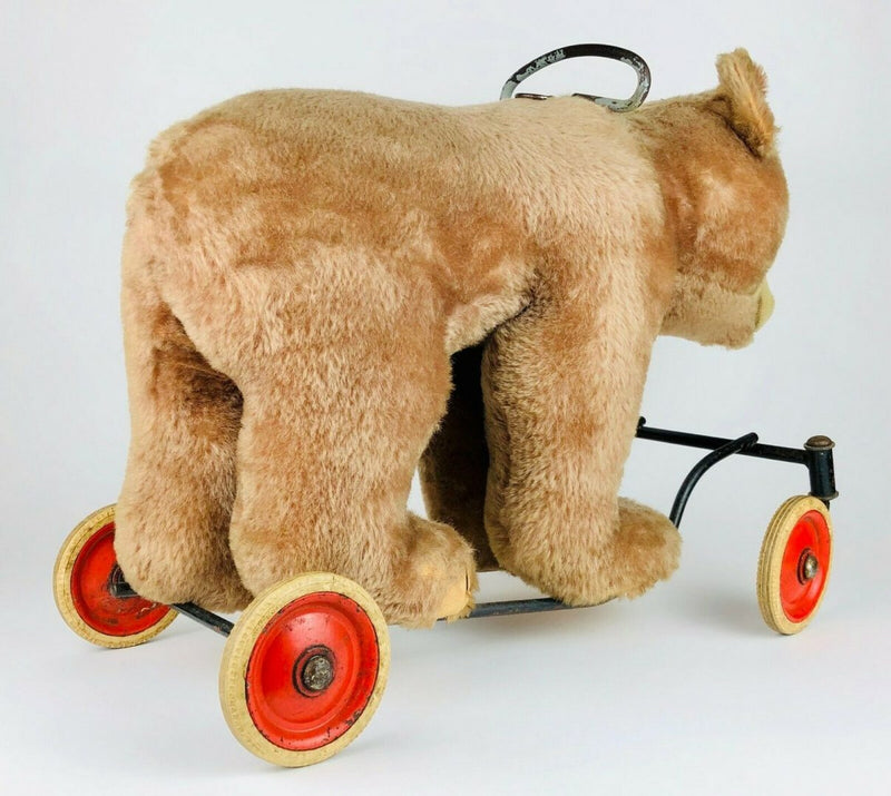 STEIFF - BEAR ON WHEELS, LARGE VINTAGE BROWN BEIGE MOHAIR GRIZZLY RIDE ON TEDDY