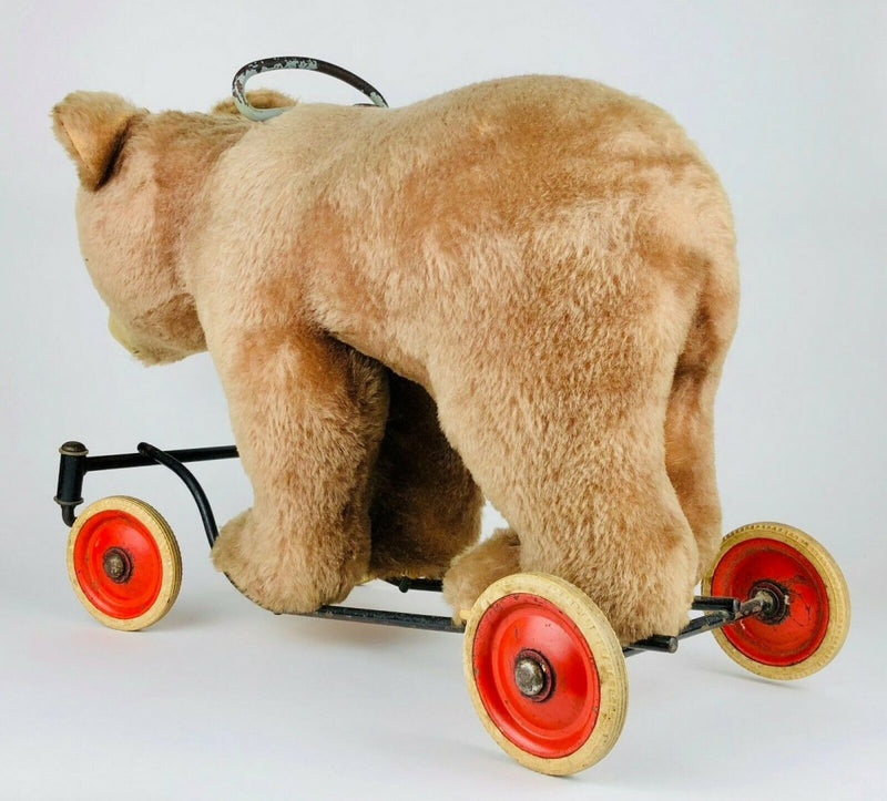 STEIFF - BEAR ON WHEELS, LARGE VINTAGE BROWN BEIGE MOHAIR GRIZZLY RIDE ON TEDDY