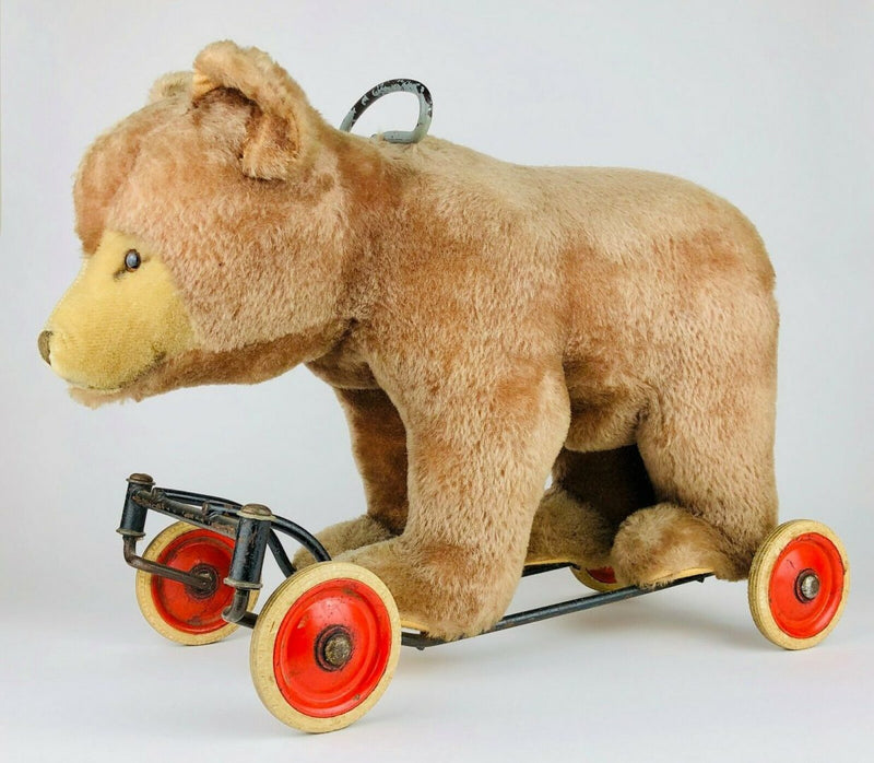 STEIFF - BEAR ON WHEELS, LARGE VINTAGE BROWN BEIGE MOHAIR GRIZZLY RIDE ON TEDDY