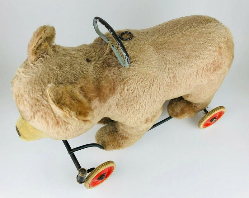 STEIFF - BEAR ON WHEELS, LARGE VINTAGE BROWN BEIGE MOHAIR GRIZZLY RIDE ON TEDDY