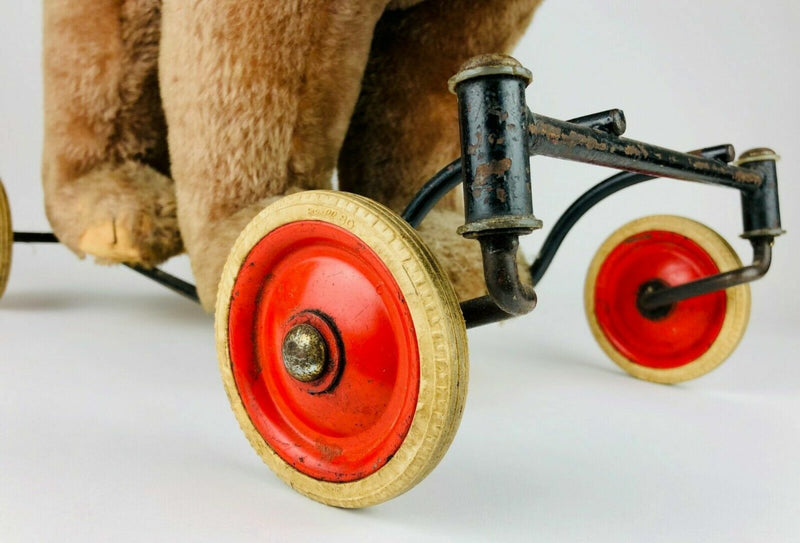 STEIFF - BEAR ON WHEELS, LARGE VINTAGE BROWN BEIGE MOHAIR GRIZZLY RIDE ON TEDDY