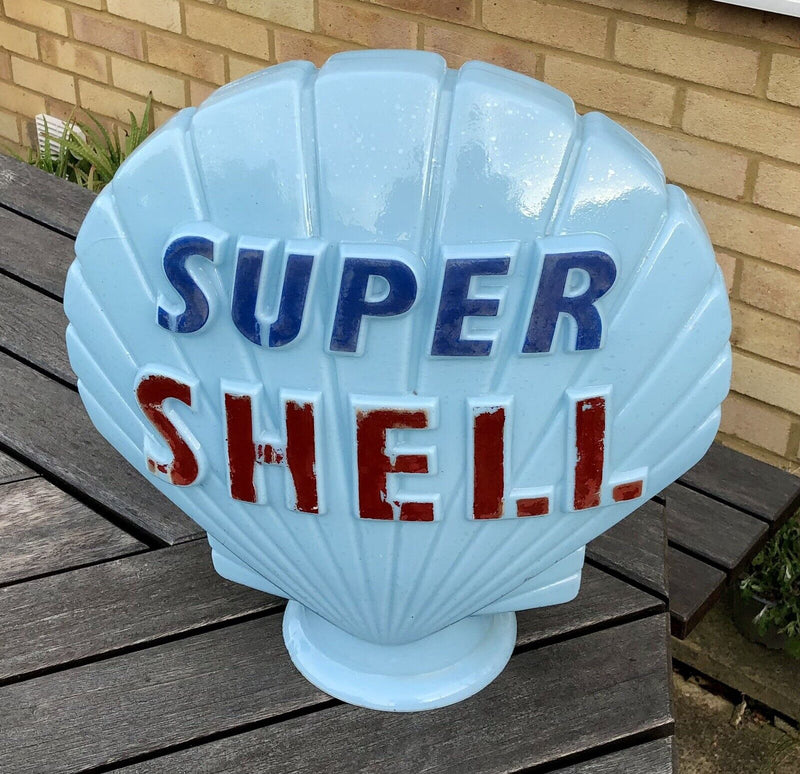 SUPER SHELL - VINTAGE BLUE GLASS PETROL PUMP GLOBE ADVERTISING SIGN