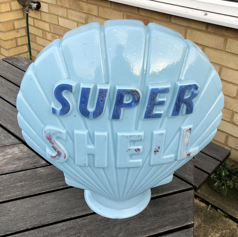 SUPER SHELL - VINTAGE BLUE GLASS PETROL PUMP GLOBE ADVERTISING SIGN