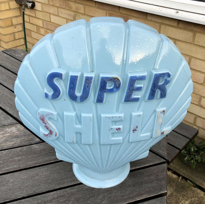 SUPER SHELL - VINTAGE BLUE GLASS PETROL PUMP GLOBE ADVERTISING SIGN