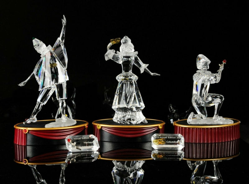 SWAROVSKI CRYSTAL -PIERROT, COLUMBINE &amp; HARLEQUIN- MASQUERADE FIGURE SET, BOXED