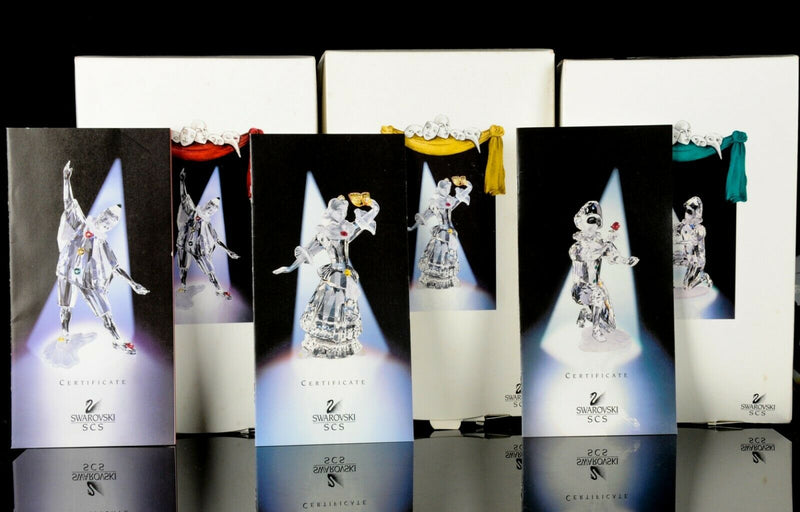 SWAROVSKI CRYSTAL -PIERROT, COLUMBINE &amp; HARLEQUIN- MASQUERADE FIGURE SET, BOXED