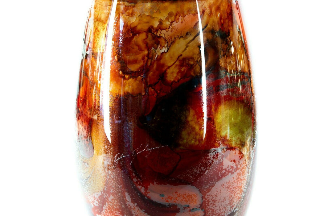 SYLVIE MONTAGNON -CALYPSO- MOTTLED RED/ORANGE DECORATIVE ART GLASS VASE