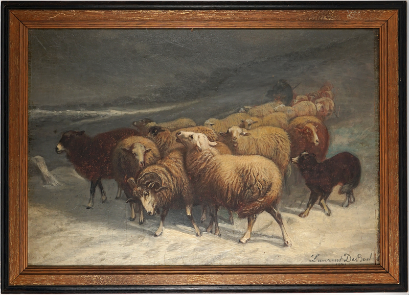 LAURENT DE BEUL - WINTER CATTLE SHEEP DOG SCENE, OIL ON BOARD, SIGNED