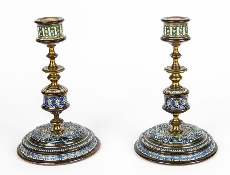 ELIZA SIMMANCE for DOULTON LAMBETH - STONEWARE & BRASS CHAMBER CANDLESTICKS PAIR