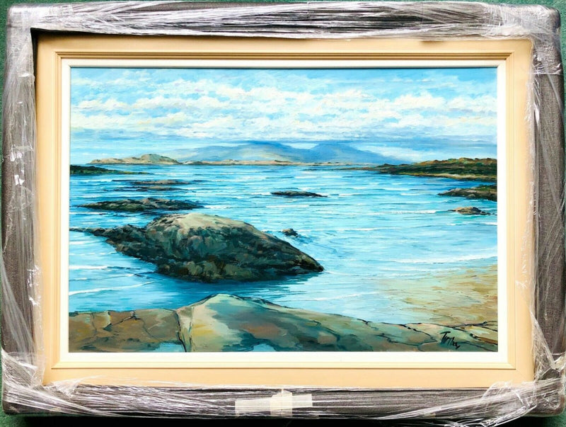 TOM BARRON (BRITISH, C20th) -RHUM FROM SANNA BAY II- COASTAL STUDY, ORIGINAL OIL ON CANVAS, SIGNED