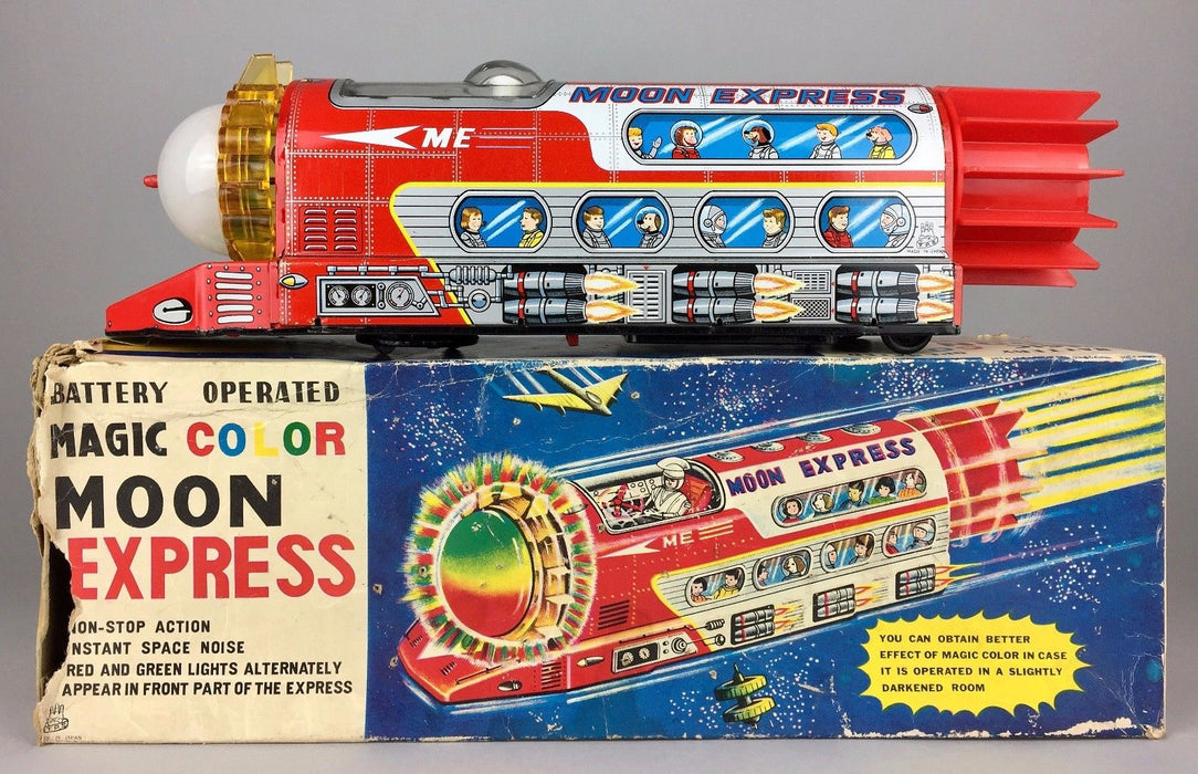 TPS -MAGIC COLOR MOON EXPRESS- VINTAGE JAPANESE BATTERY OPERATED ROCKET TRAIN BUS TOY