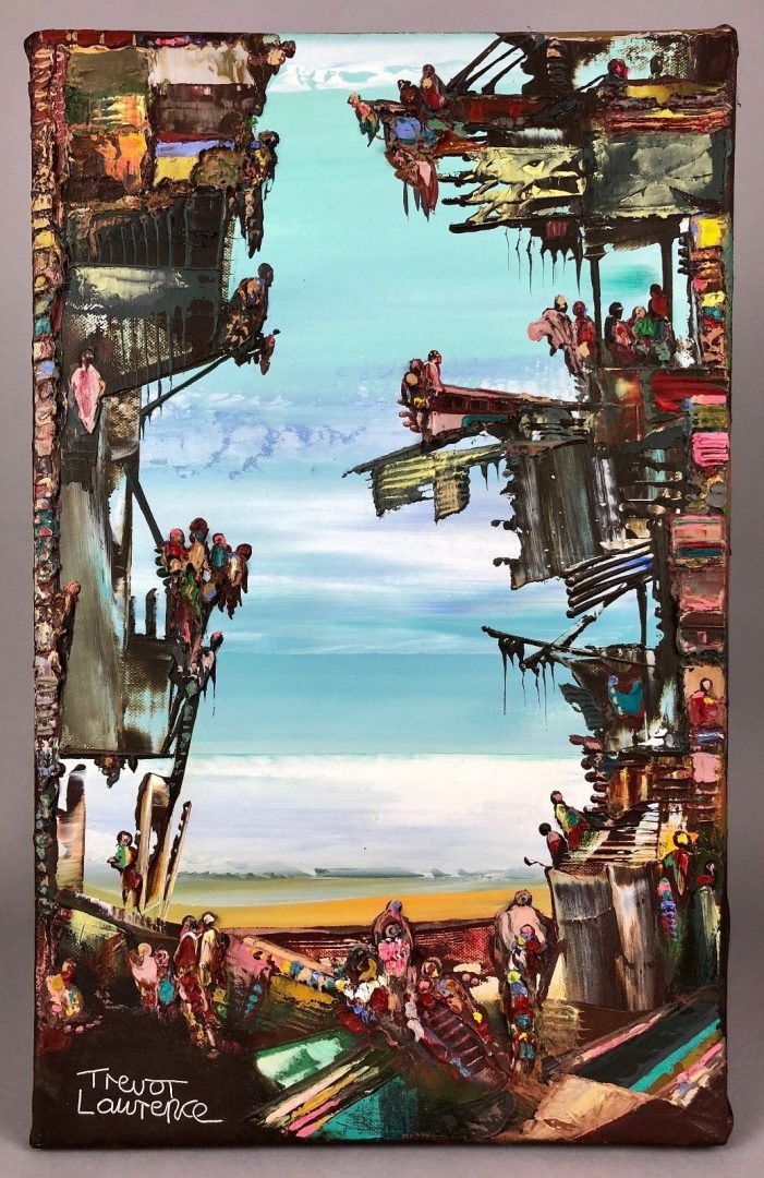 TREVOR LAWRENCE - URBAN COASTAL CITYSCAPE, 1993, OIL ON CANVAS PAINTING, SIGNED