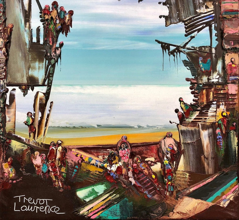 TREVOR LAWRENCE - URBAN COASTAL CITYSCAPE, 1993, OIL ON CANVAS PAINTING, SIGNED