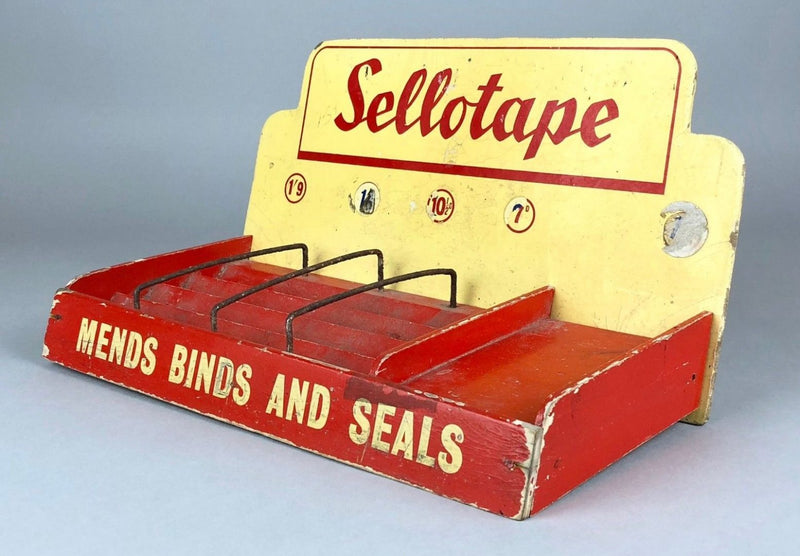 VINTAGE 'SELLOTAPE, MENDS BINDS &amp; SEALS' SHOP COUNTER ADVERT DISPLAY STAND SIGN
