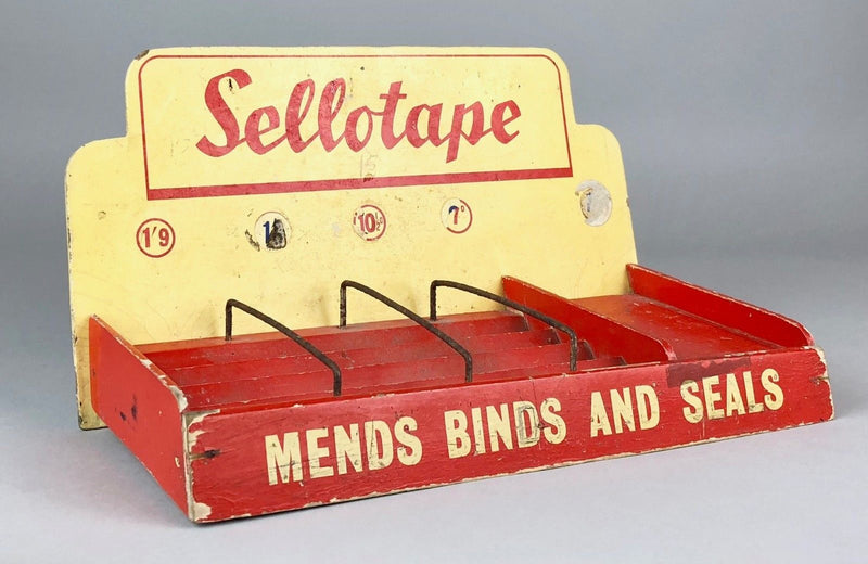VINTAGE 'SELLOTAPE, MENDS BINDS &amp; SEALS' SHOP COUNTER ADVERT DISPLAY STAND SIGN