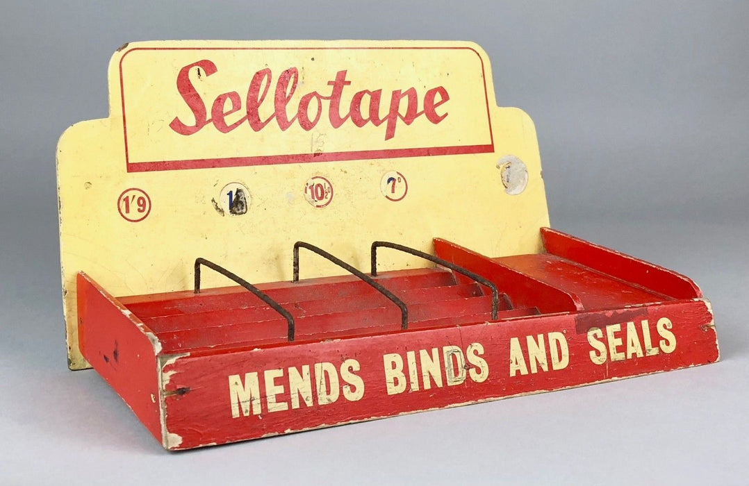 VINTAGE -SELLOTAPE, MENDS BINDS &amp; SEALS- SHOP COUNTER ADVERT DISPLAY STAND SIGN