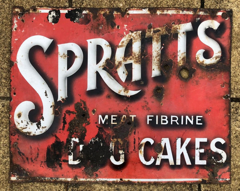 VINTAGE 'SPRATTS, MEAT FIBRINE DOG CAKES' PUPPY FOOD PET SHOP ENAMEL ADVERTISING SIGN