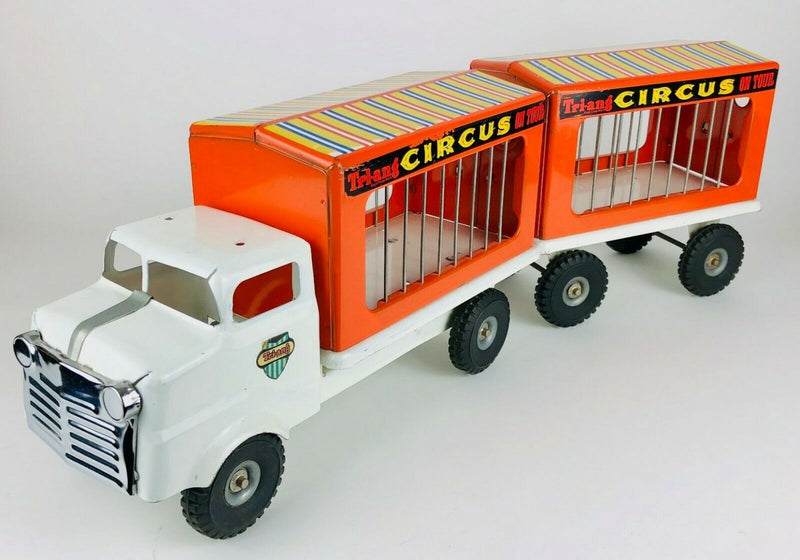VINTAGE TRIANG 'CIRCUS ON TOUR' TIN PLATE ANIMAL LORRY TRUCK VAN &amp; CAGE TRAILER