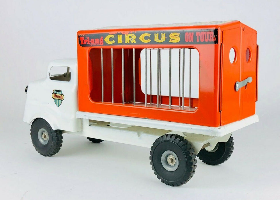 VINTAGE TRIANG -CIRCUS ON TOUR- TIN PLATE ANIMAL LORRY TRUCK VAN &amp; CAGE TRAILER