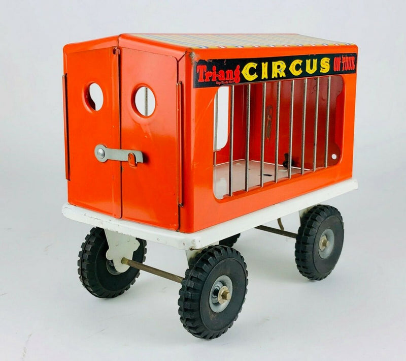 VINTAGE TRIANG 'CIRCUS ON TOUR' TIN PLATE ANIMAL LORRY TRUCK VAN &amp; CAGE TRAILER