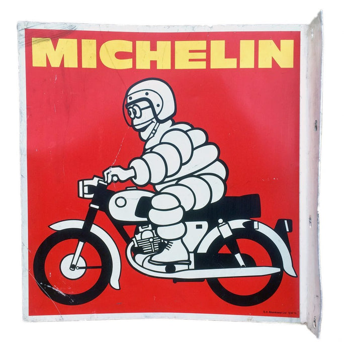 VINTAGE MICHELIN MAN ON MOTORCYCLE DOUBLE-SIDED BIBENDUM ADVERTISING SIGN