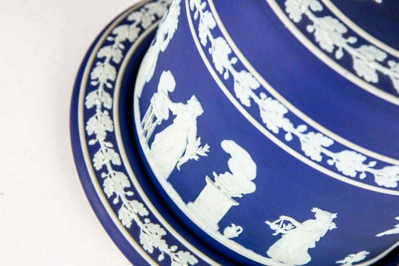 WEDGWOOD JASPERWARE - LARGE BLUE/WHITE NEOCLASSICAL CHEESE DISH &amp; COVER