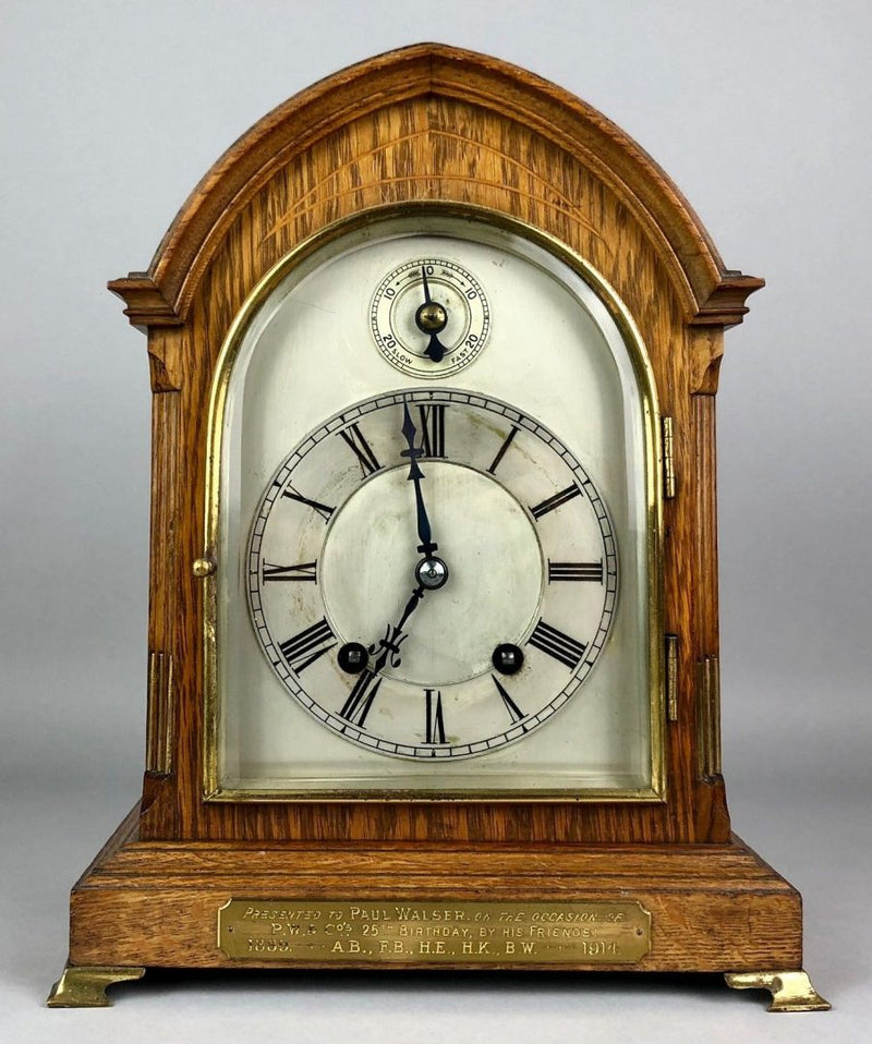WINTERHALDER & HOFMEIER (W&H) OAK TING TANG STRIKING BRACKET MANTEL CLOCK