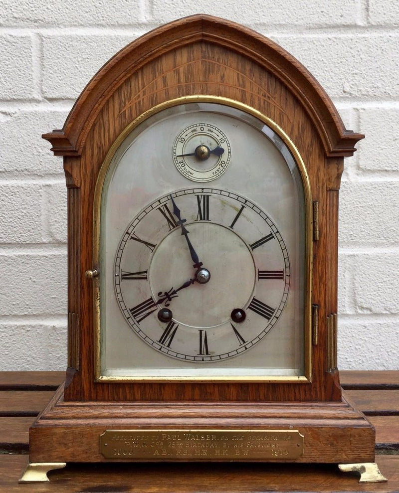 WINTERHALDER & HOFMEIER (W&H) OAK TING TANG STRIKING BRACKET MANTEL CLOCK