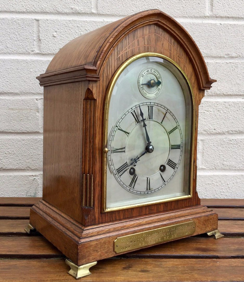 WINTERHALDER & HOFMEIER (W&H) OAK TING TANG STRIKING BRACKET MANTEL CLOCK