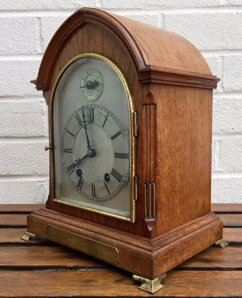 WINTERHALDER & HOFMEIER (W&H) OAK TING TANG STRIKING BRACKET MANTEL CLOCK