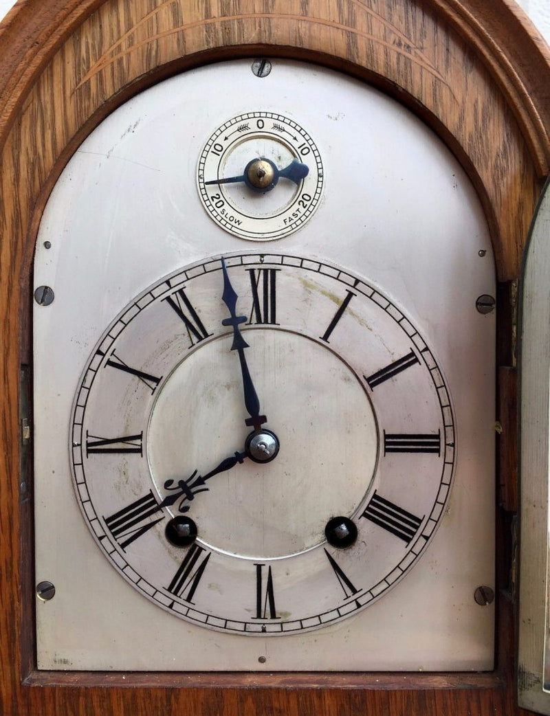 WINTERHALDER & HOFMEIER (W&H) OAK TING TANG STRIKING BRACKET MANTEL CLOCK