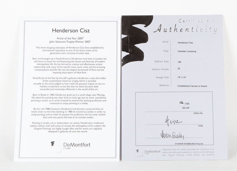 HENDERSON CISZ 'VENETIAN LOVESONG' LIMITED EDITION PRINT C.O.A.