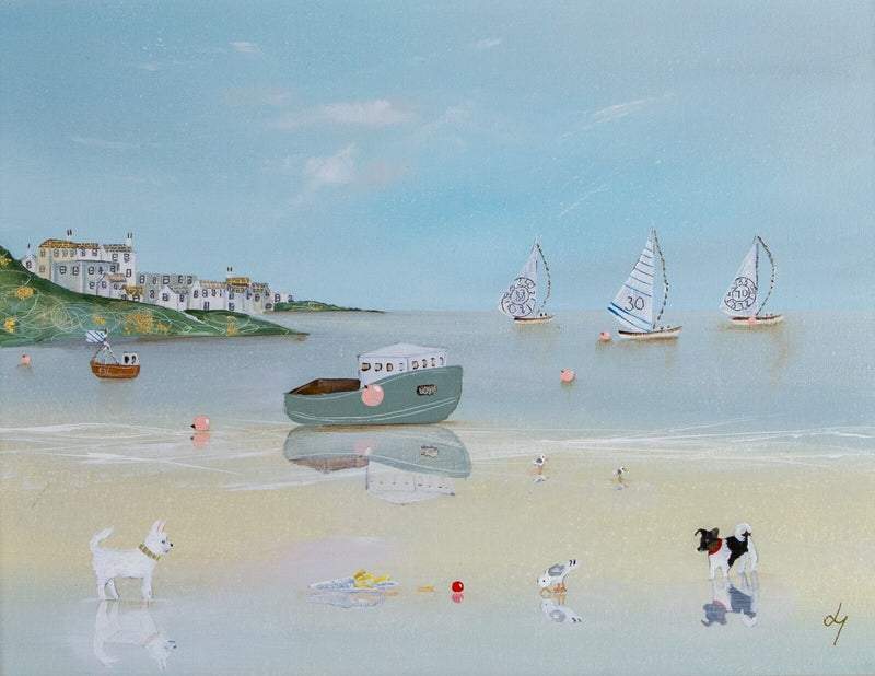 LUCY YOUNG 'PAWS FOR CHIPS' DOGS ON BEACH, OIL ON CANVAS, SIGNED