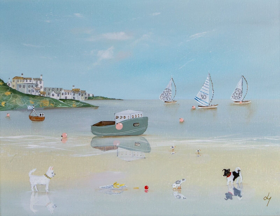 LUCY YOUNG 'PAWS FOR CHIPS' DOGS ON BEACH, OIL ON CANVAS, SIGNED