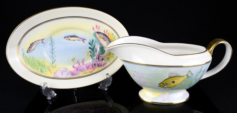 MINTON, JOHN DORY & TROUT, SUMNER/WOBY FISH SAUCE BOAT GRAVY JUG POT DISH STAND