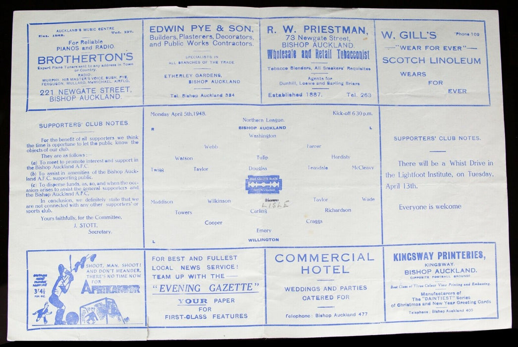 BISHOP AUCKLAND AFC v WILLINGTON, 5/4/1948 NORTHERN LEAGUE FOOTBALL PROGRAMME