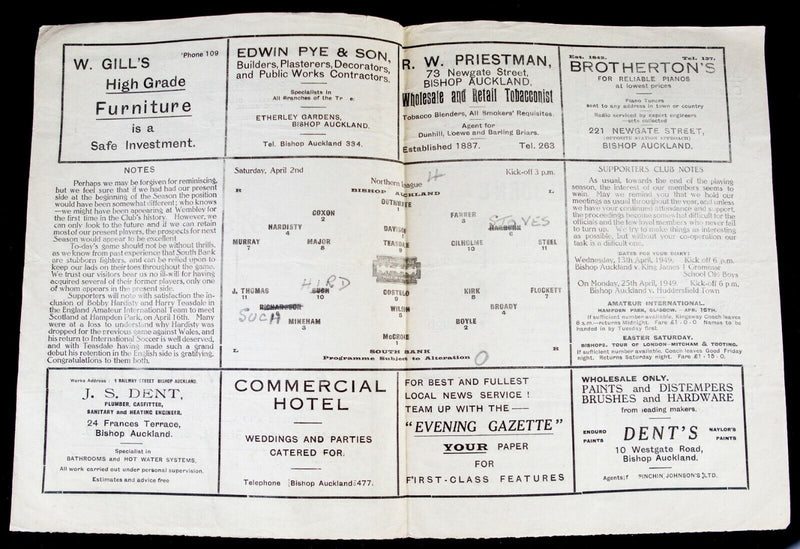 BISHOP AUCKLAND AFC v SOUTH BANK, 2/4/1949 NORTHERN LEAGUE FOOTBALL PROGRAMME