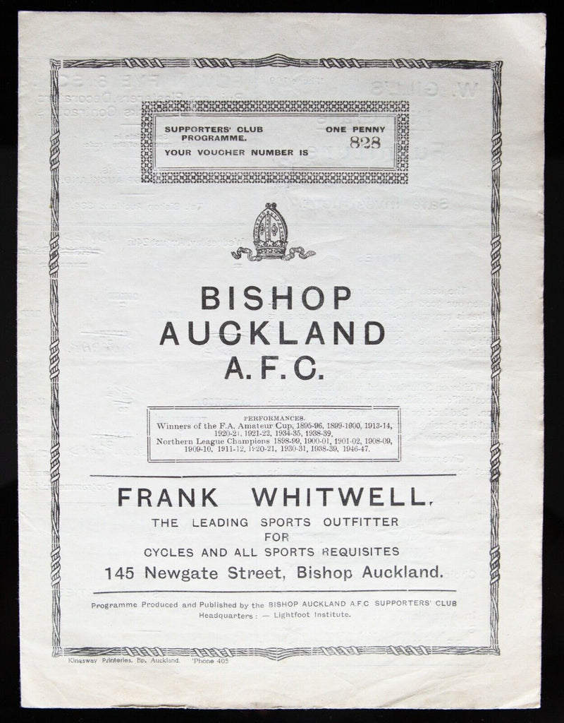 BISHOP AUCKLAND AFC v SHILDON 24/8/1949 LADY EDEN HOSPITAL DURHAM BOWL PROGRAMME