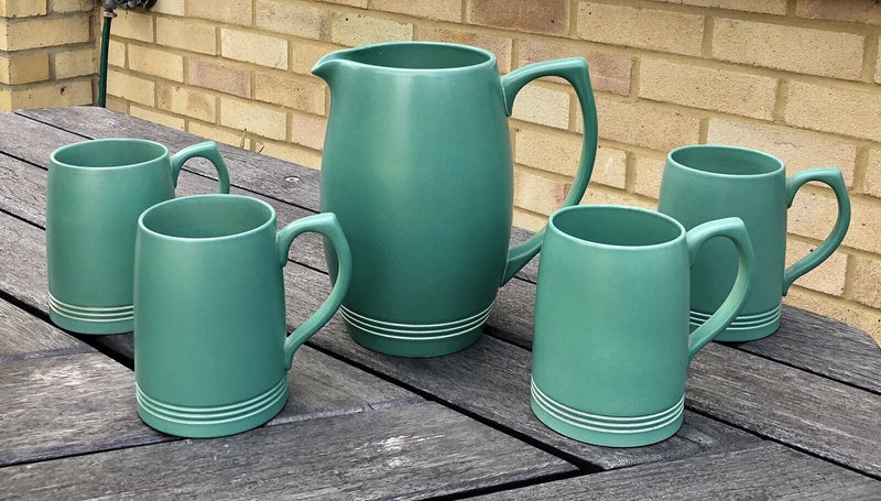 KEITH MURRAY for WEDGWOOD - GREEN LEMONADE JUG PITCHER 3822 & 4x TANKARD MUGS