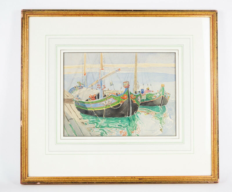 MARY McCROSSAN - VENETIAN BARGES BOAT PORT STUDY, WATERCOLOUR PAINTING, SIGNED